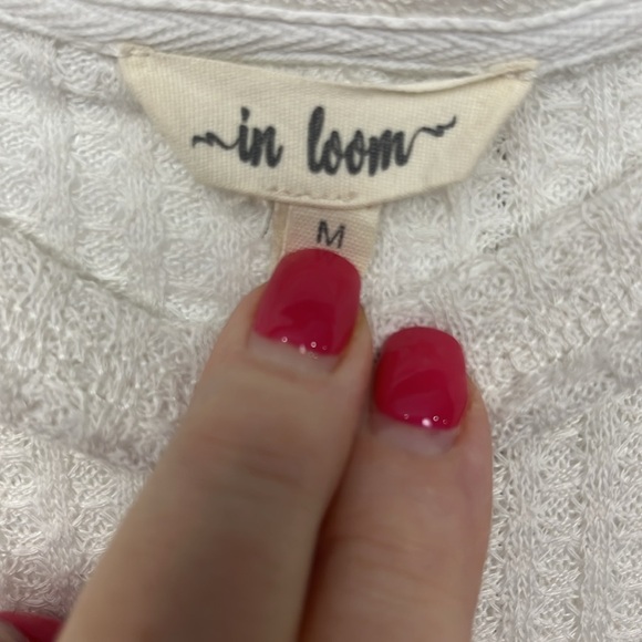 In Loom Womens Top M Cream Blue Red Waffle Knit Boho Sleeves Smocked Cuffs Soft - Picture 2 of 13